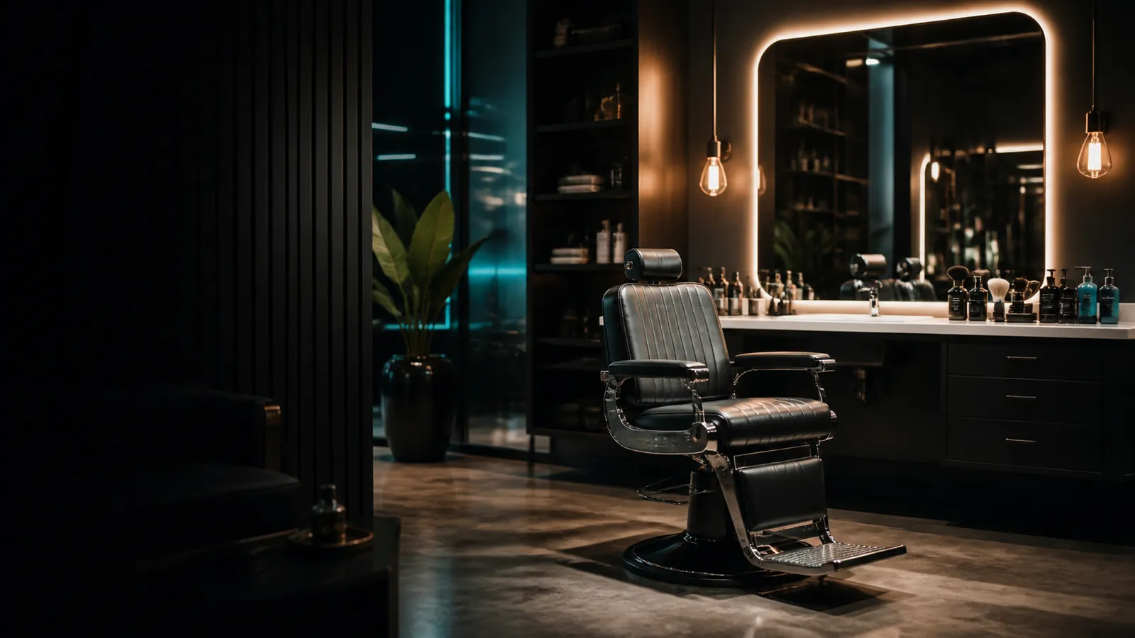 Salão de beleza moderno com cadeira premium e espelhos iluminados